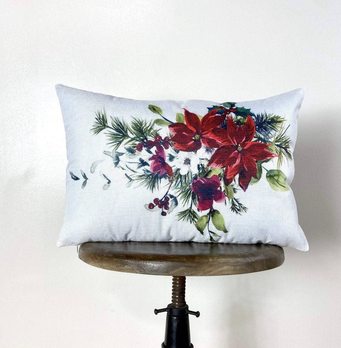 Christmas Poinsettia and Holly Pillow Cover – 18" x 12"