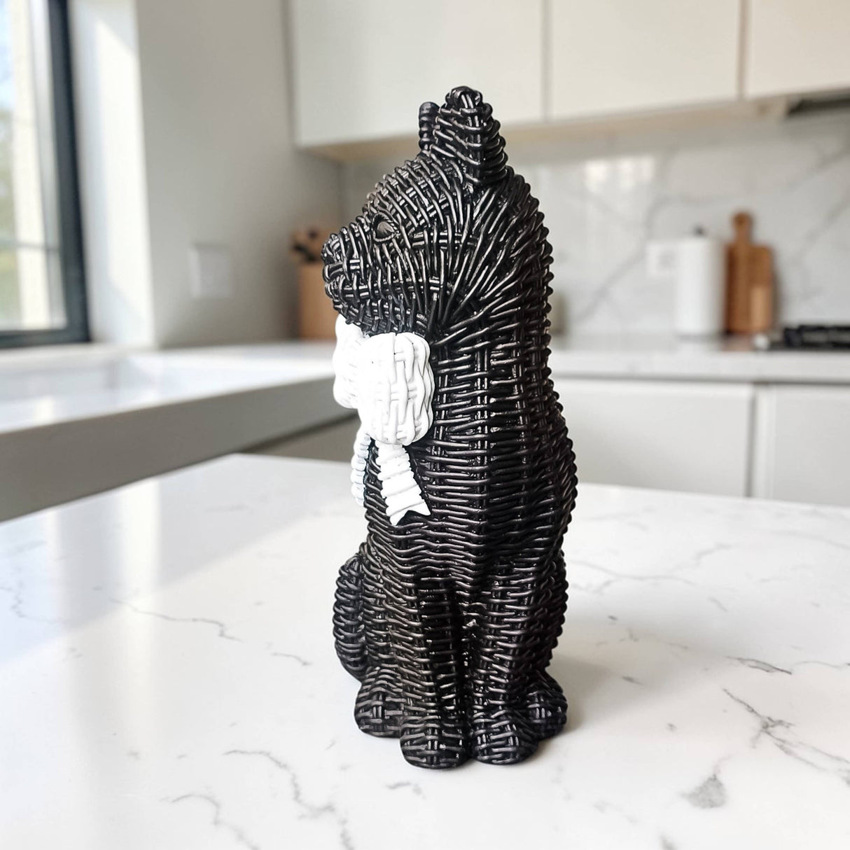 Black Cat Tabletop Décor – Resin Woven‑Rattan Look with Bow (Halloween & Fall Decor)
