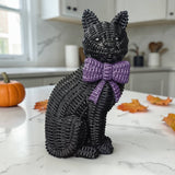 Black Cat Tabletop Décor – Resin Woven‑Rattan Look with Bow (Halloween & Fall Decor)