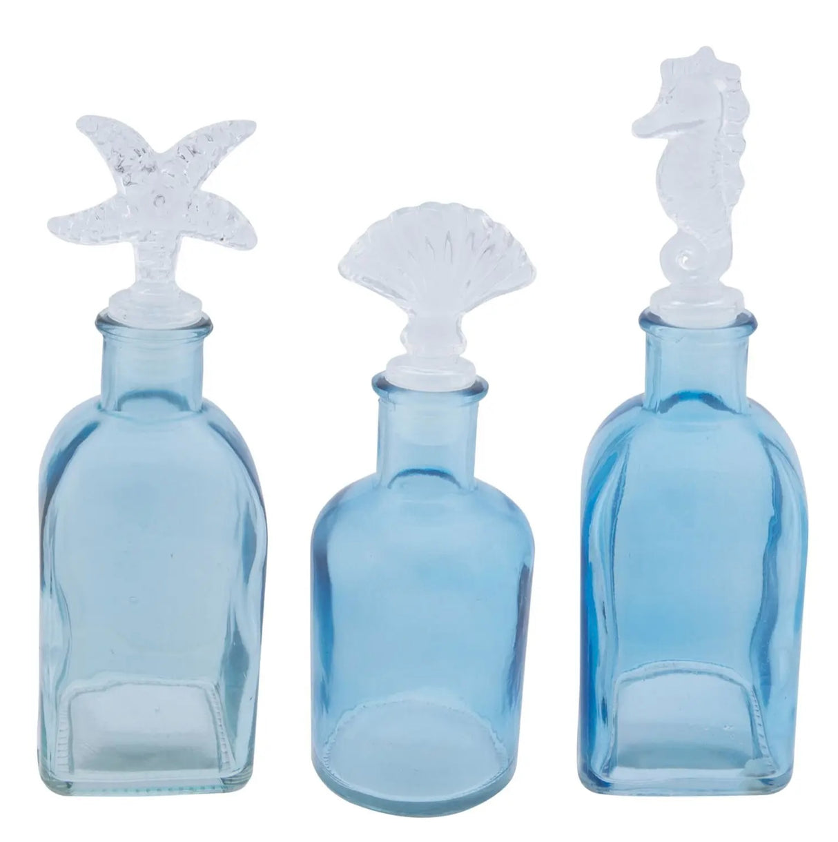 Set of 3 Blue Glass Bottles with Sea Life Tops – Coastal Décor