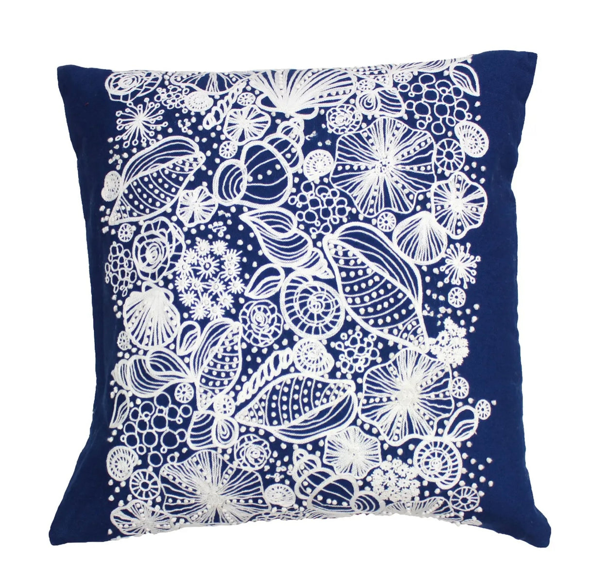 Beachcombers Coastal Life – Blue Shell Embroidered Throw Pillow – 17.75" Square