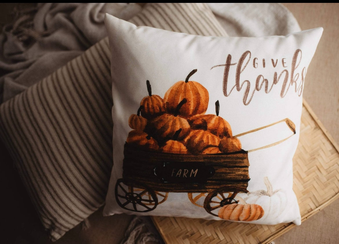 Give Thanks Fall Decor Throw Pillow Cover – 12" x 12"