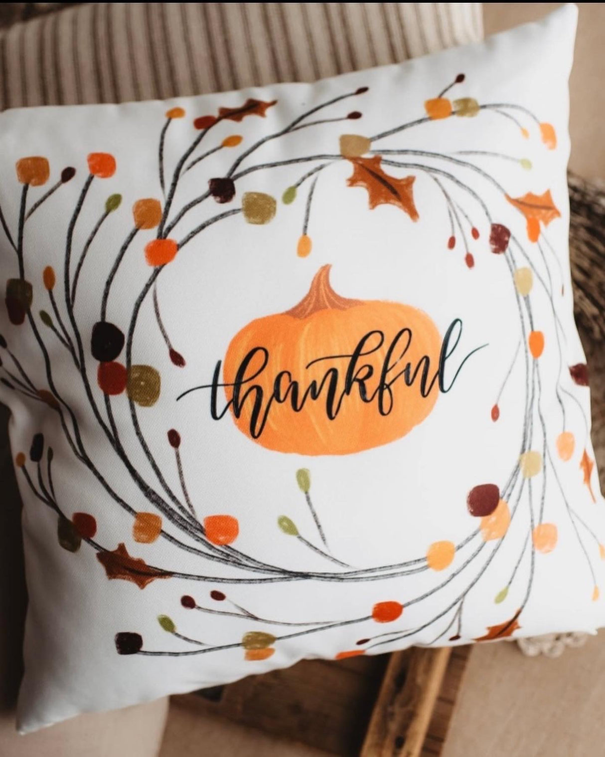 Thankful Fall Primitive Pumpkin Wreath Pillow Cover – 12x12