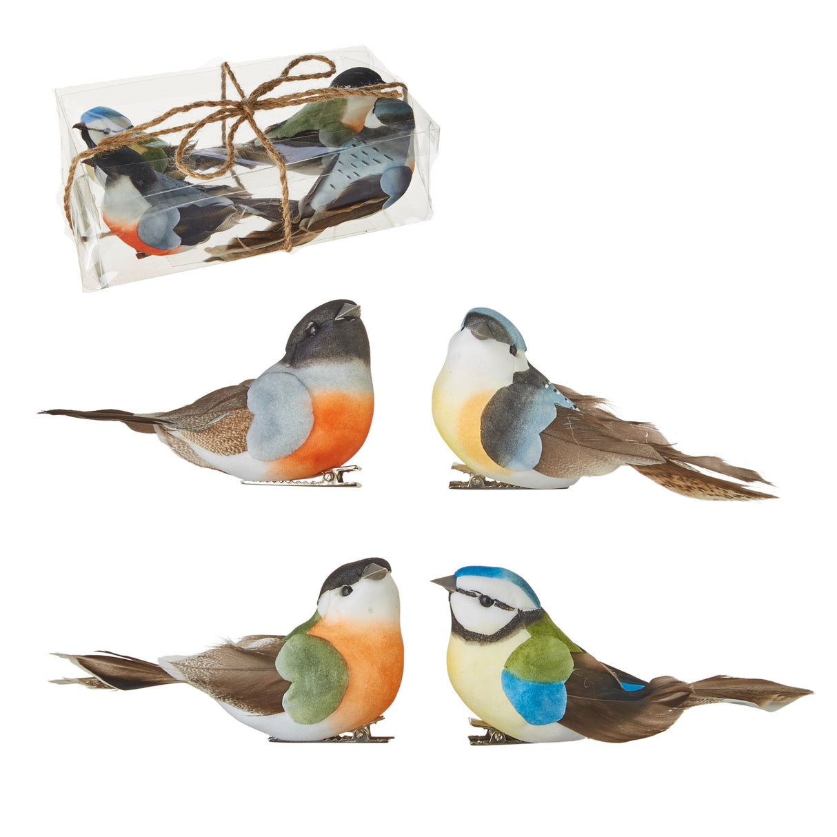 Set of 4 Clip-On Feathered Birds – 3.75" Assorted Figurines