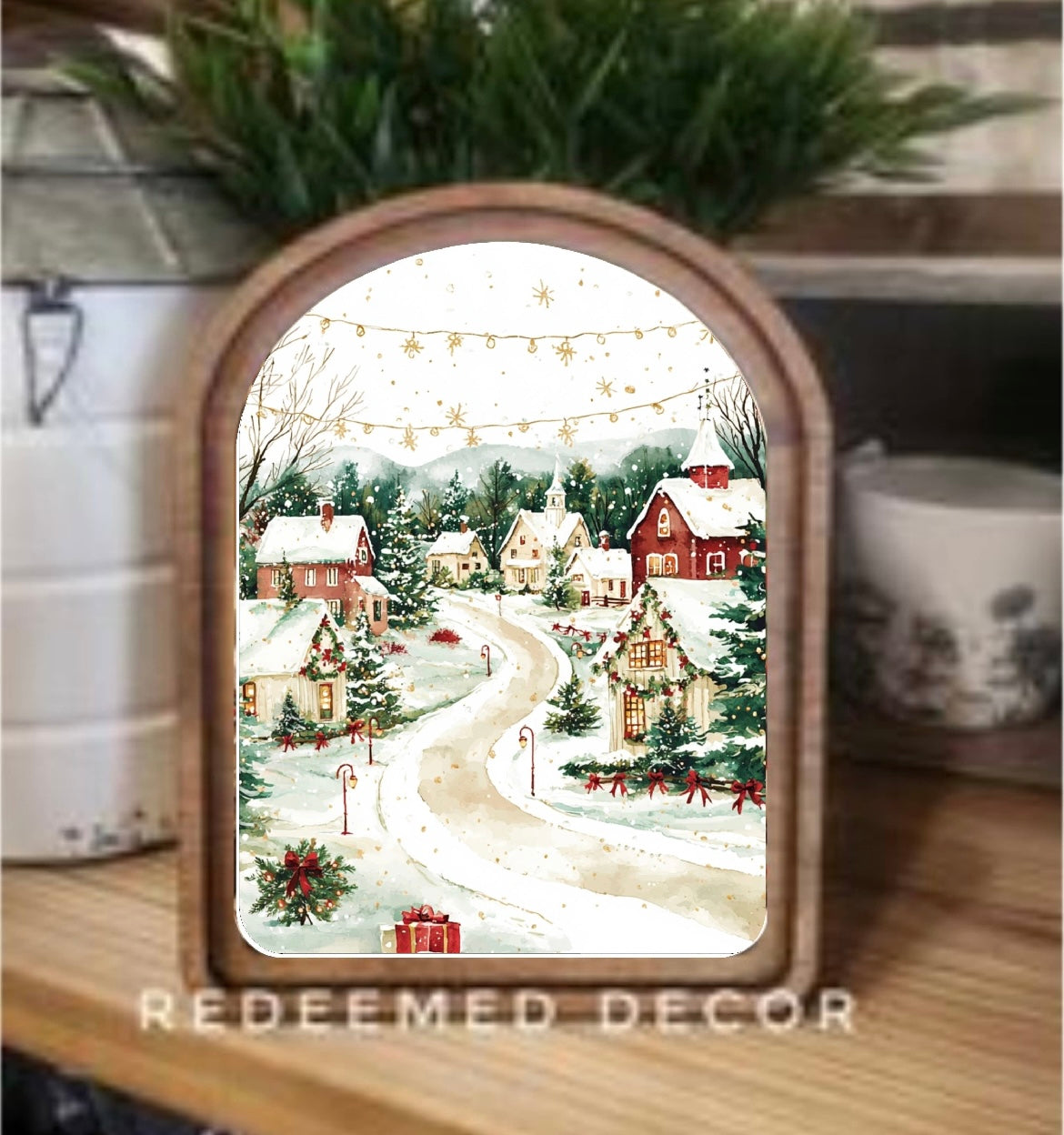 Silent Snowfall Village – Round or Arched Christmas Framed Art
