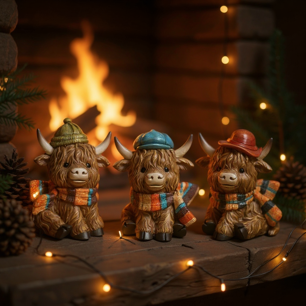 Autumn Highland Cow Tabletop Set – Resin Fall Accent Trio Figurines