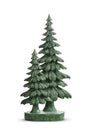 A decorative green spruce tree sculpture features two stylized evergreen trees with deeply carved branches and a rich evergreen finish. The dimensional layered boughs create striking texture and movement, while the coordinating base unites the two trees into a single woodland-inspired decorative accent. The tallest tree measures 19 inches high.