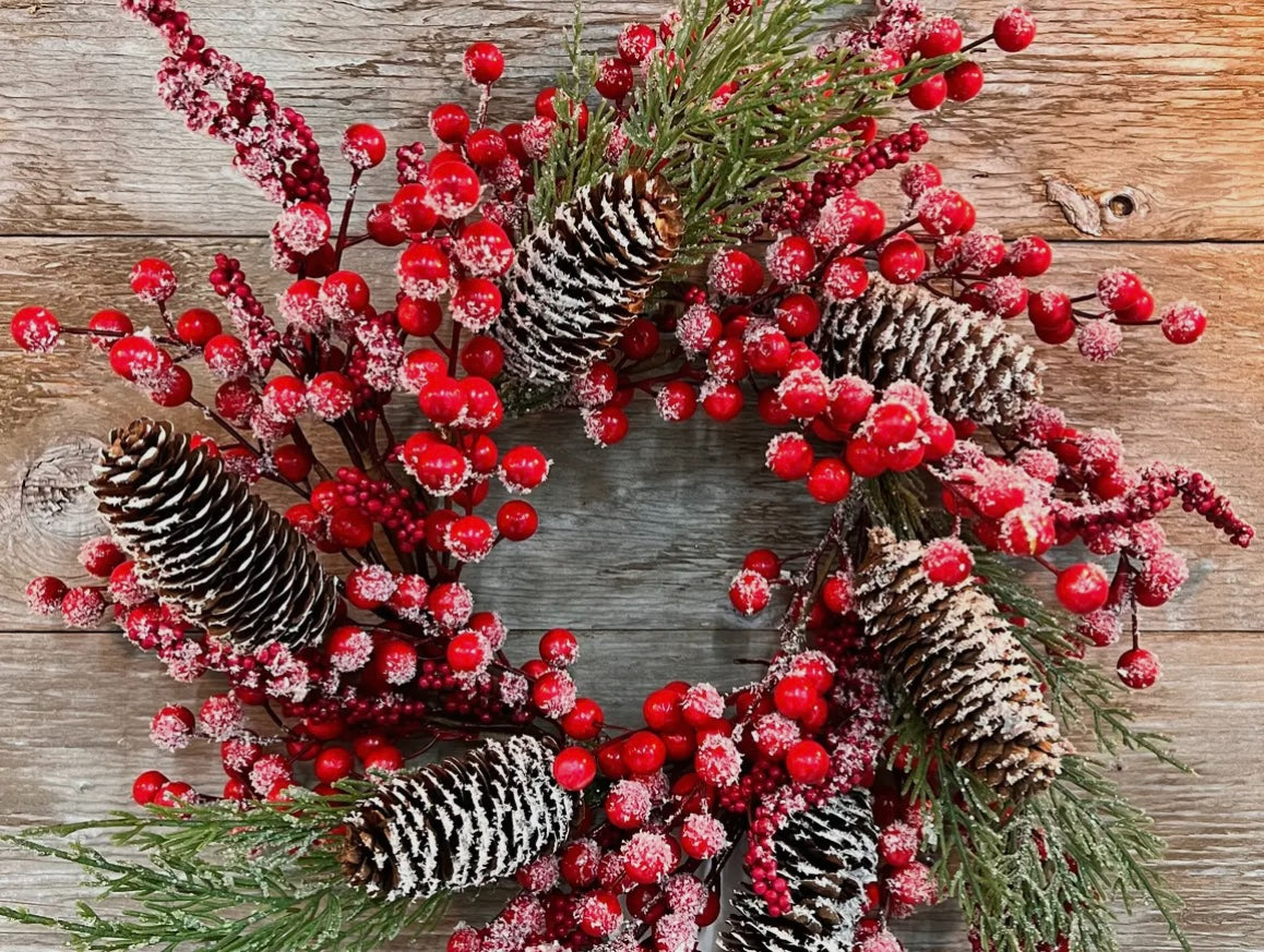 Snow Covered Red Berry Candle Ring – 6.5″ Mini Faux Wreath