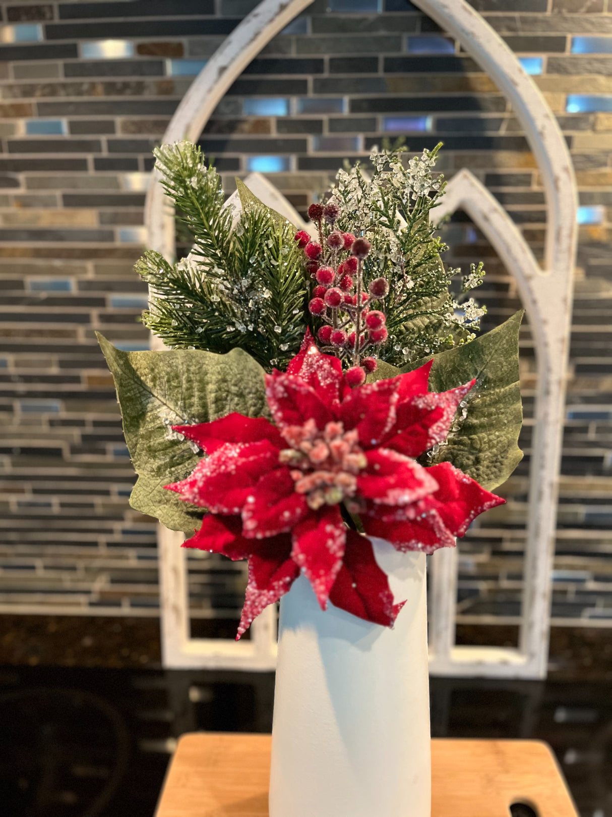 Red Velvet Poinsettia Pick with Frosted Berries & Pine – 20″ Holiday Floral Stem by Regency