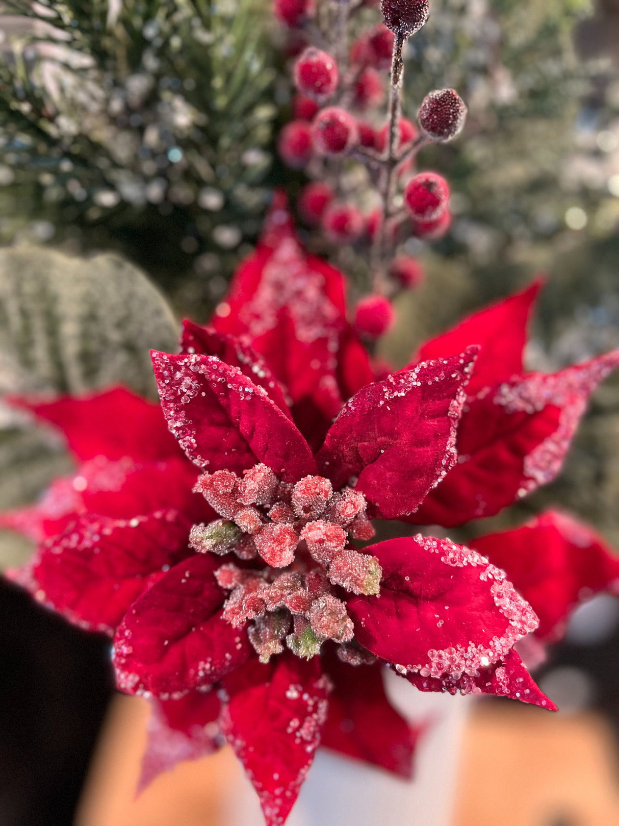 Red Velvet Poinsettia Pick with Frosted Berries & Pine – 20″ Holiday Floral Stem by Regency
