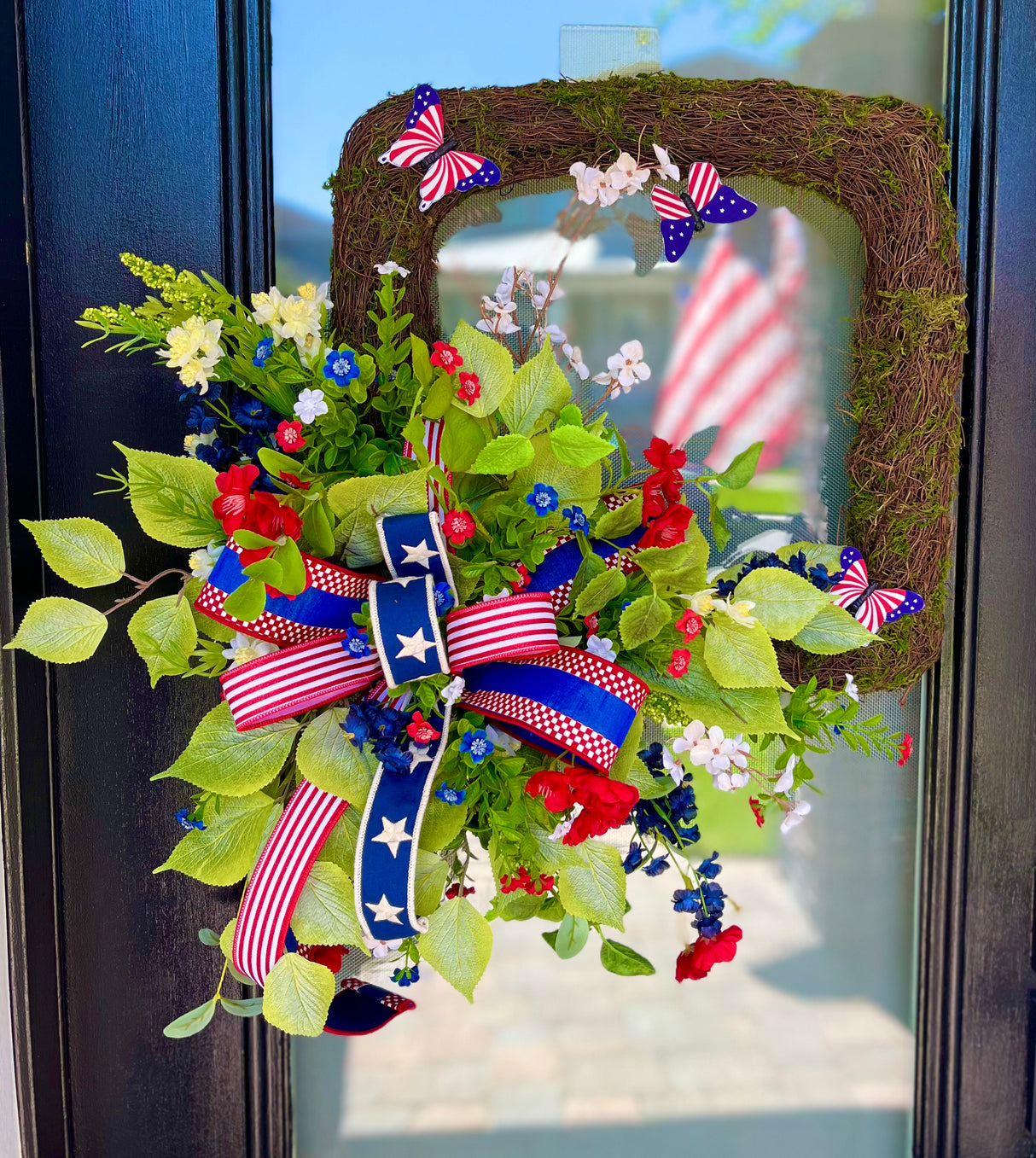 Square Patriotic Butterfly Wreath – Designer Ribbon Americana Door Decor