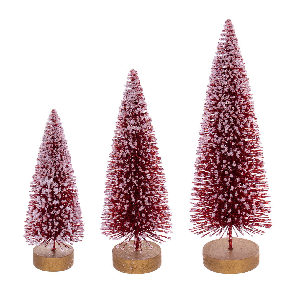 Frosted Red Sisal Bottle Brush Tree Set – Set of 3 | 8", 10", 12" Holiday Tabletop Trees