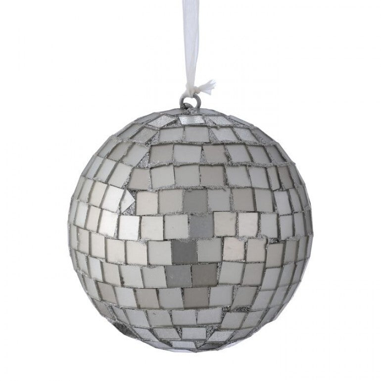 Mosaic Mirror Ball Ornament – 4″ Silver Holiday Accent