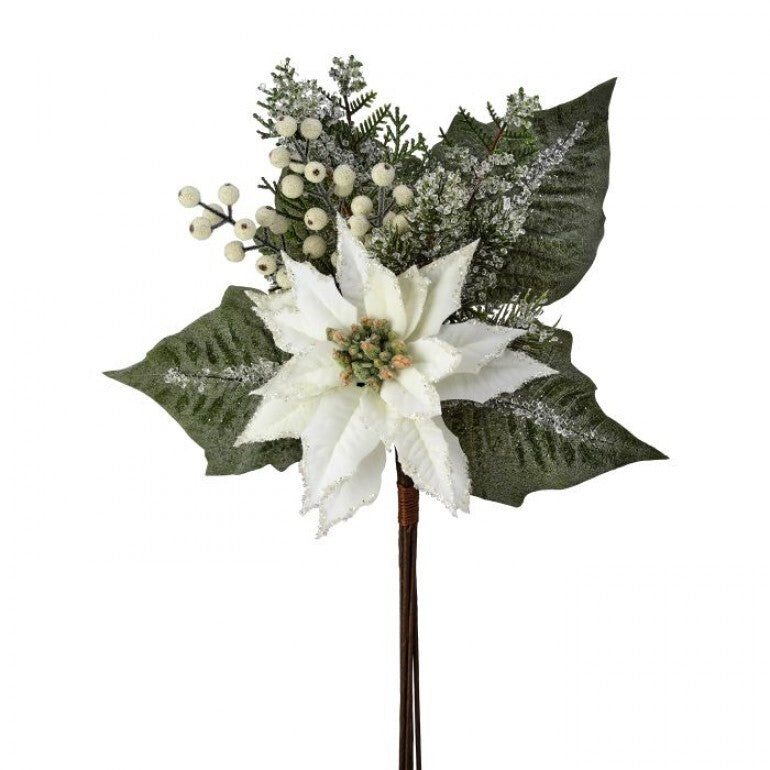 White Velvet Poinsettia Pick with Frosted Berries – 20" Holiday Floral Stem by Regency