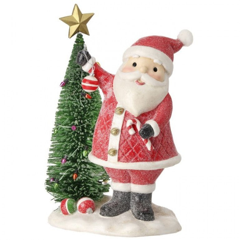 Retro Village Santa Figurine – 9″ Resin Accent with Sisal Tree