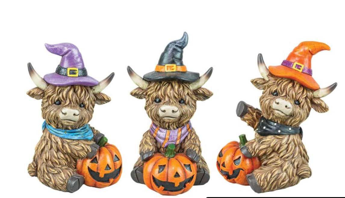 Witchy Highland Cow Figurines – Halloween Farmhouse Accents