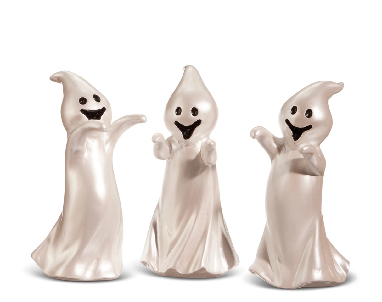 Set of 2 White Pearlescent Ghost Figurines – Halloween Resin Trio with Raised Arms & Smiling Faces