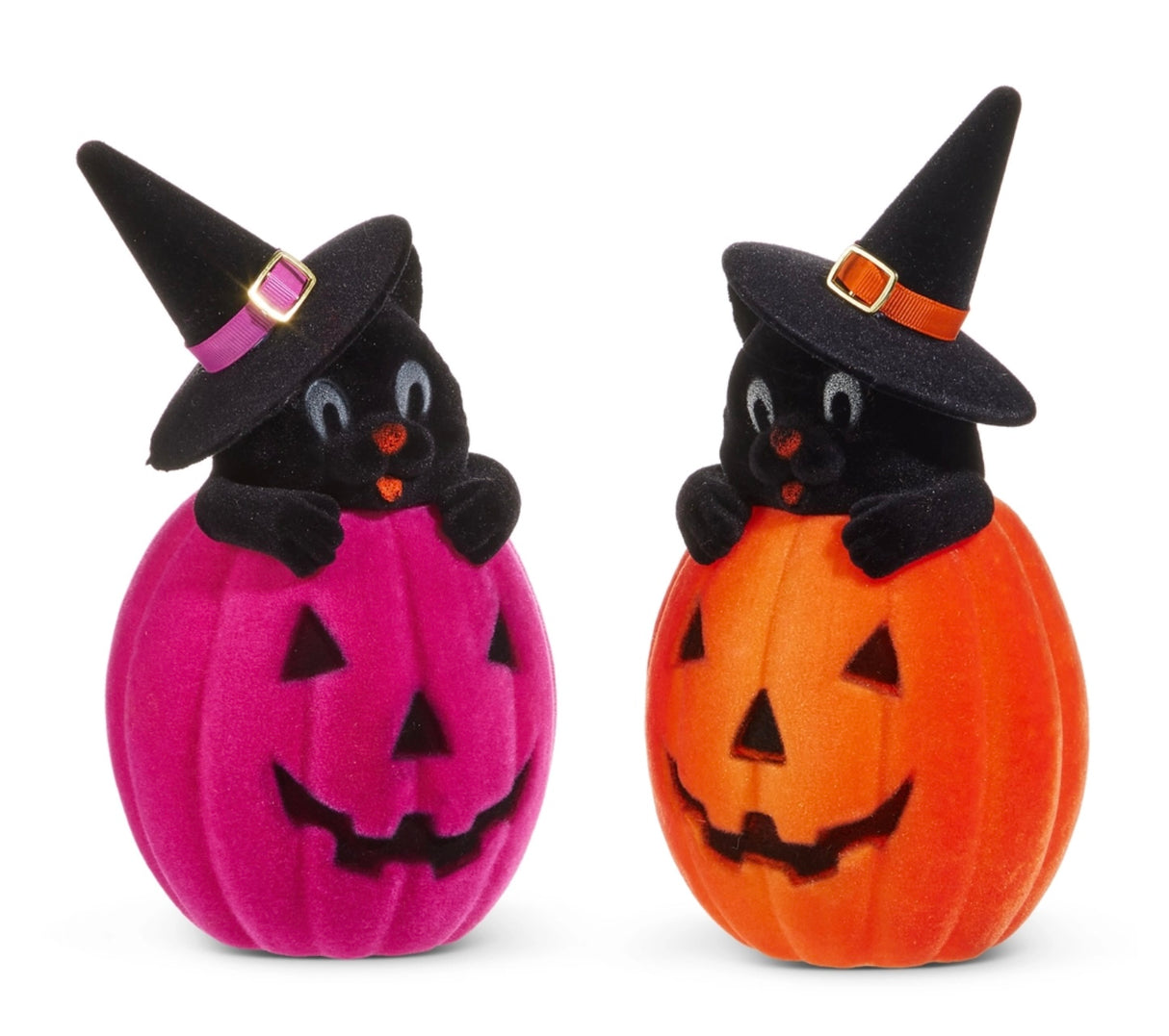 Two Halloween figures featuring black cats in witch hats peeking out of flocked jack-o'-lanterns; one in hot purple, one in orange; made of plastic