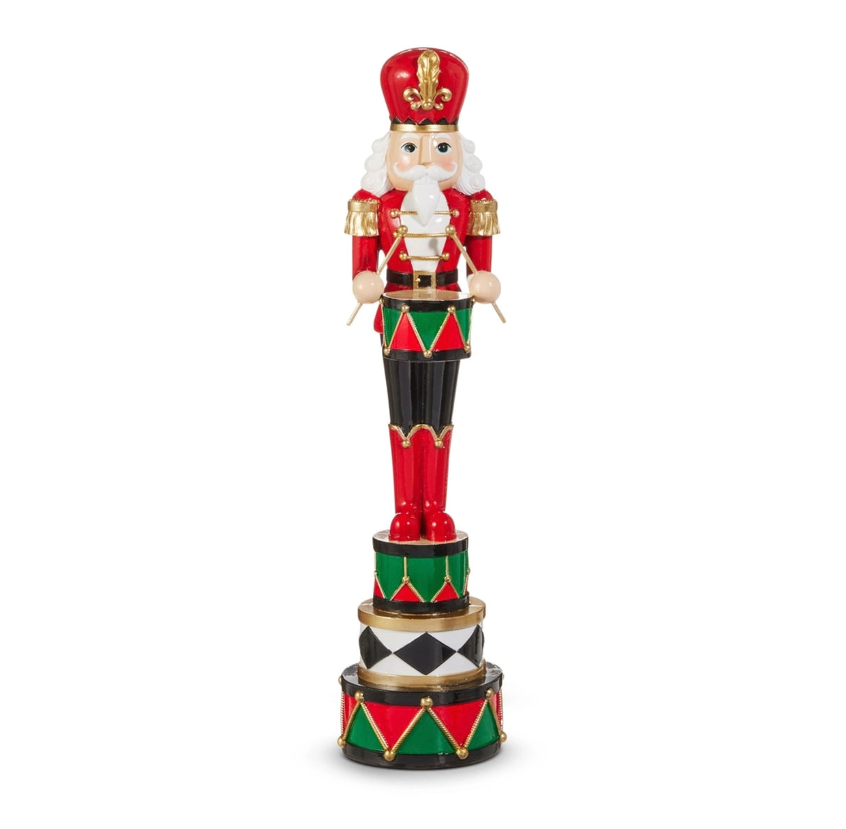 18-inch multicolor nutcracker drummer in red uniform with gold accents, white hair, and tiered drum pedestal; made of natural stone powder