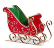 14.5-inch red and green vintage Christmas sleigh with ornate gold scrollwork and curved runners, styled for holiday vignettes