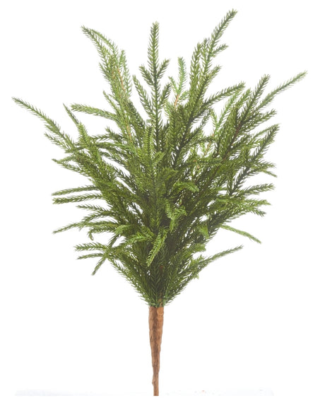 18-inch soft touch Norfolk pine pick with realistic green needles and wired stem, styled upright for Christmas arrangements or seasonal displays