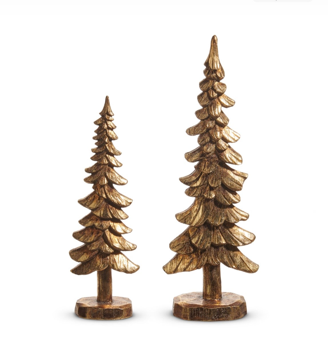 set of two decorative evergreen trees features layered branches, visible tree trunks, and a rich metallic gold finish. The trees stand on coordinating round bases and showcase dimensional woodland-inspired detailing. The tallest tree measures 17 inches high, creating beautiful height and balance in holiday displays.