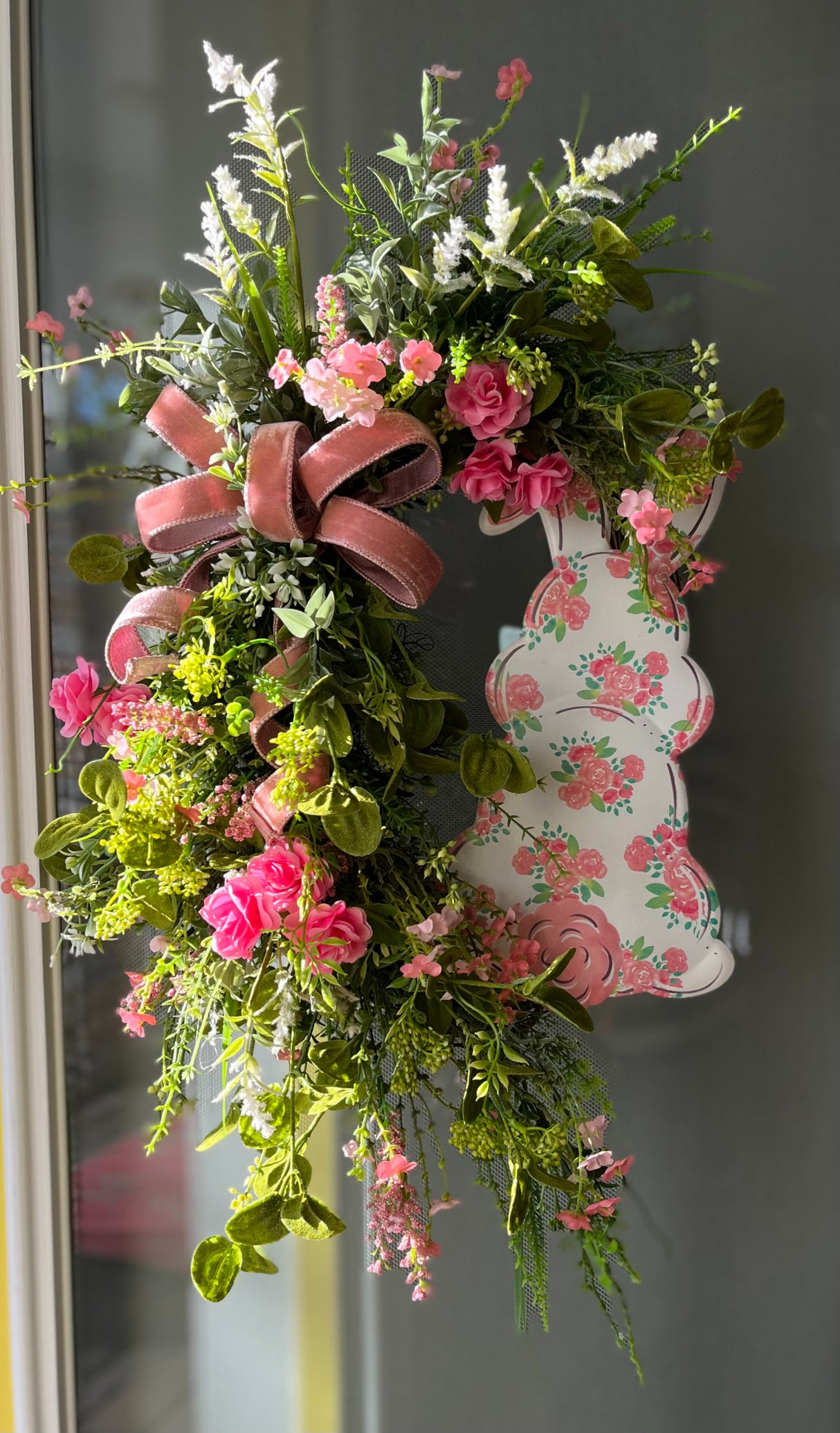 Secret Garden Pink Floral Bunny Grapevine Wreath