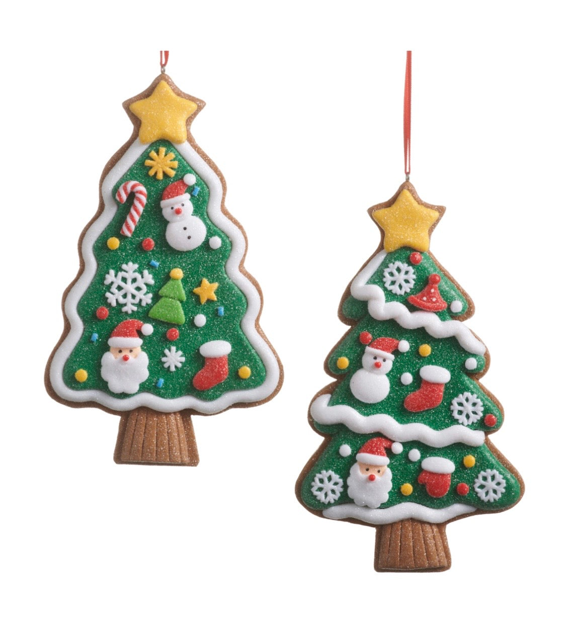 Two glittered gingerbread cookie tree ornaments feature white icing details and colorful Christmas accents. One ornament showcases a candy cane, Santa face, stocking, and snowman, while the second features mittens, snowflakes, and a snowman. Both tree-shaped ornaments are topped with a bright yellow star and finished with sparkling green glitter icing