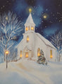 A winter church canvas wall art features a white country church illuminated by warm glowing lights beneath a star-filled night sky. Snow-covered trees frame the church while a decorated Christmas tree and lamppost add festive charm. Built-in LED lights illuminate the church windows and steeple for a cozy holiday display.