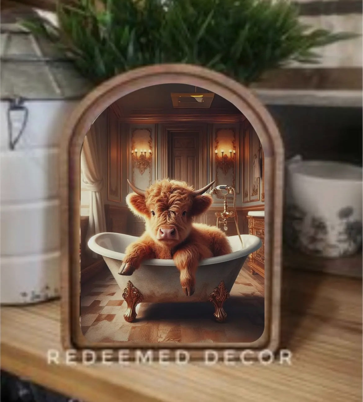 Copper & Candlelight: Highland Cow’s Luxurious Bath Arch Framed Art
