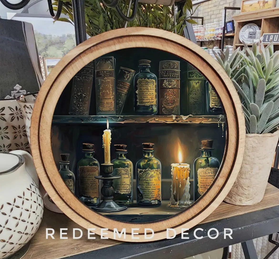 Flickering Shadows: Witch’s Tools & Forgotten Spells Round Framed Art  - F00281