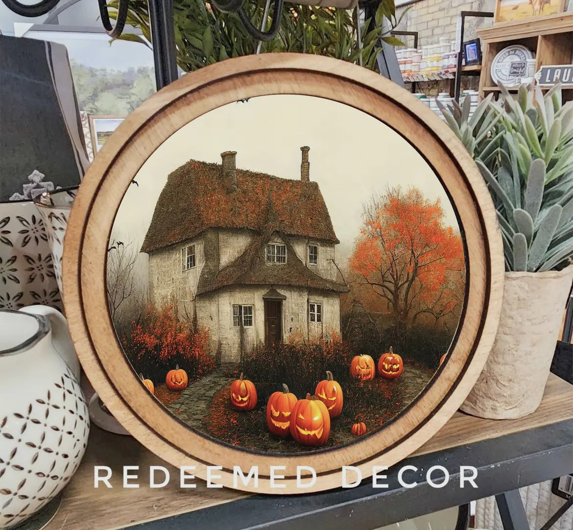 Haunted Homestead: A Weathered Witch’s Cottage Round Framed Art