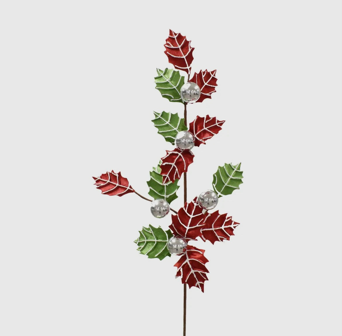 Merry Metallic Ball and Holly Leaf Spray – Red, Green & Silver  28.25″ Holiday Stem