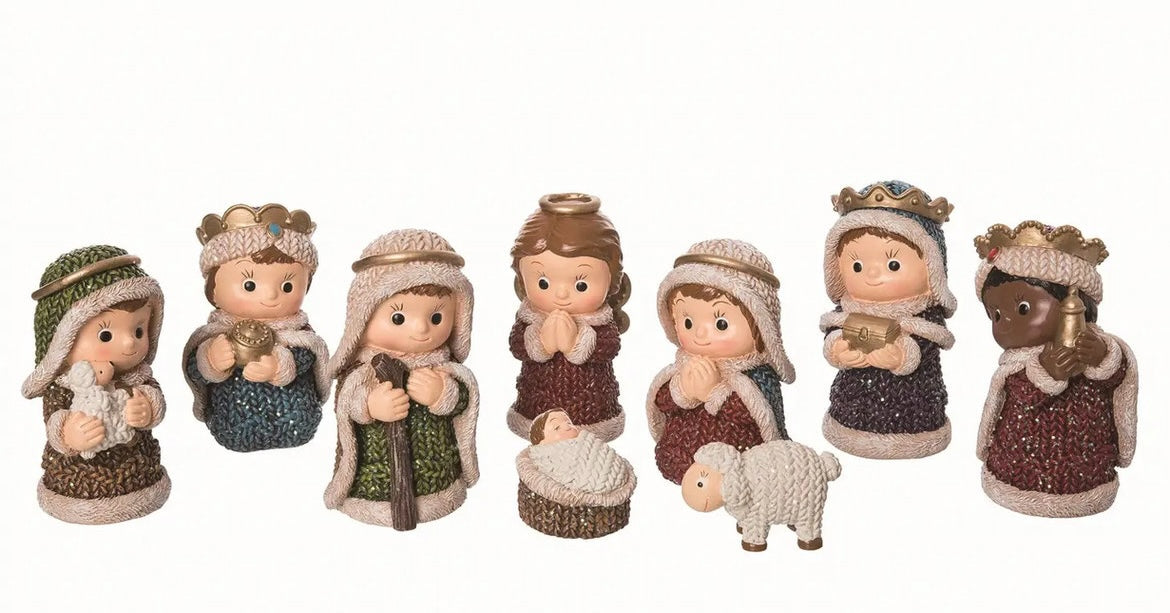 Resin Glitz Knit Nativity Set – 9-Piece Christmas Figurine Collection
