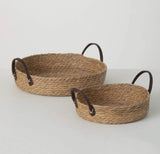 Handled Woven Tray Set – Natural Fiber Baskets with Faux Leather Handles
