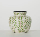 Leaf Pattern Capiz & Bamboo Vase – Artisanal Jar with Soft Green Botanical Motif