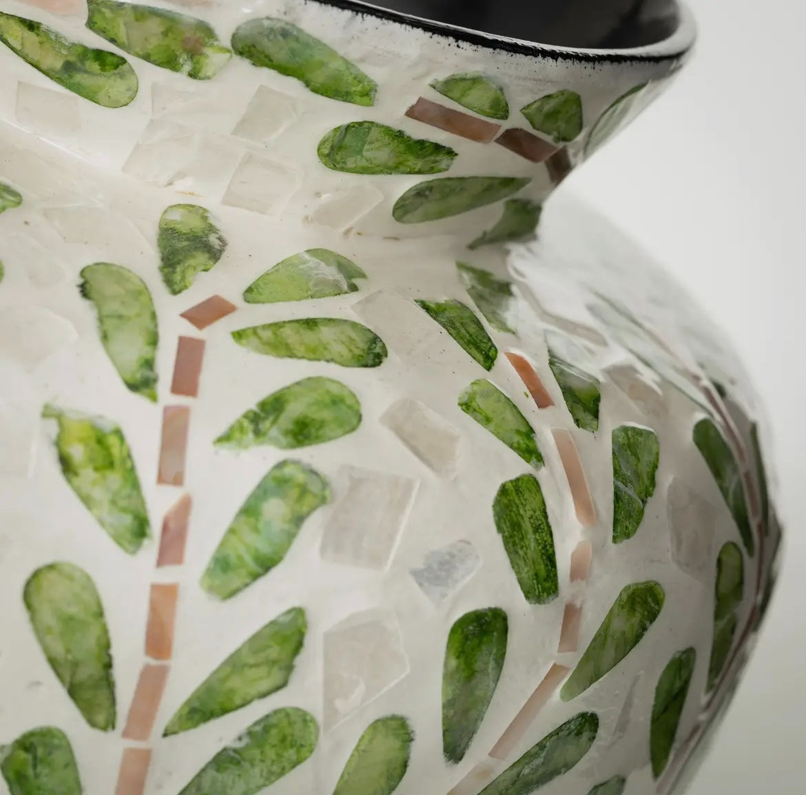 Leaf Pattern Capiz & Bamboo Vase – Artisanal Jar with Soft Green Botanical Motif