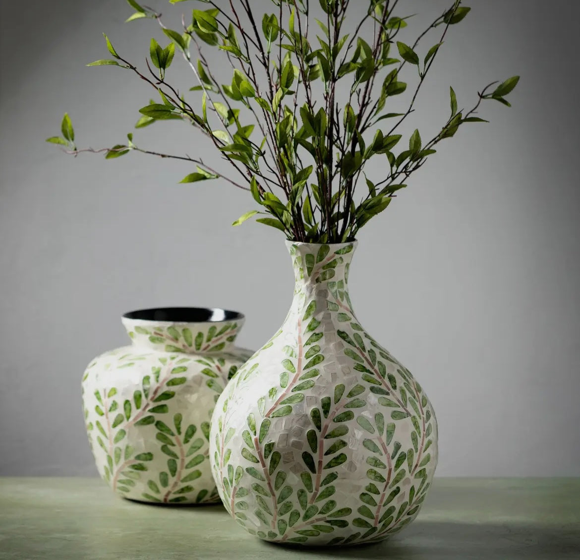 Leaf Pattern Capiz & Bamboo Vase – Artisanal Jar with Soft Green Botanical Motif
