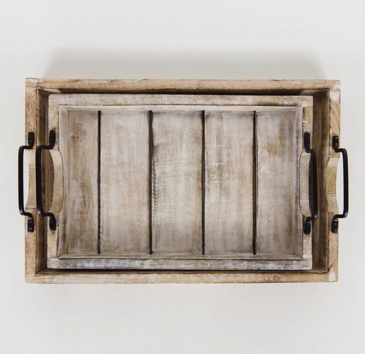 Mango Wood Nested Tray Set - Handcrafted Two-Piece Set with Black Metal Handles