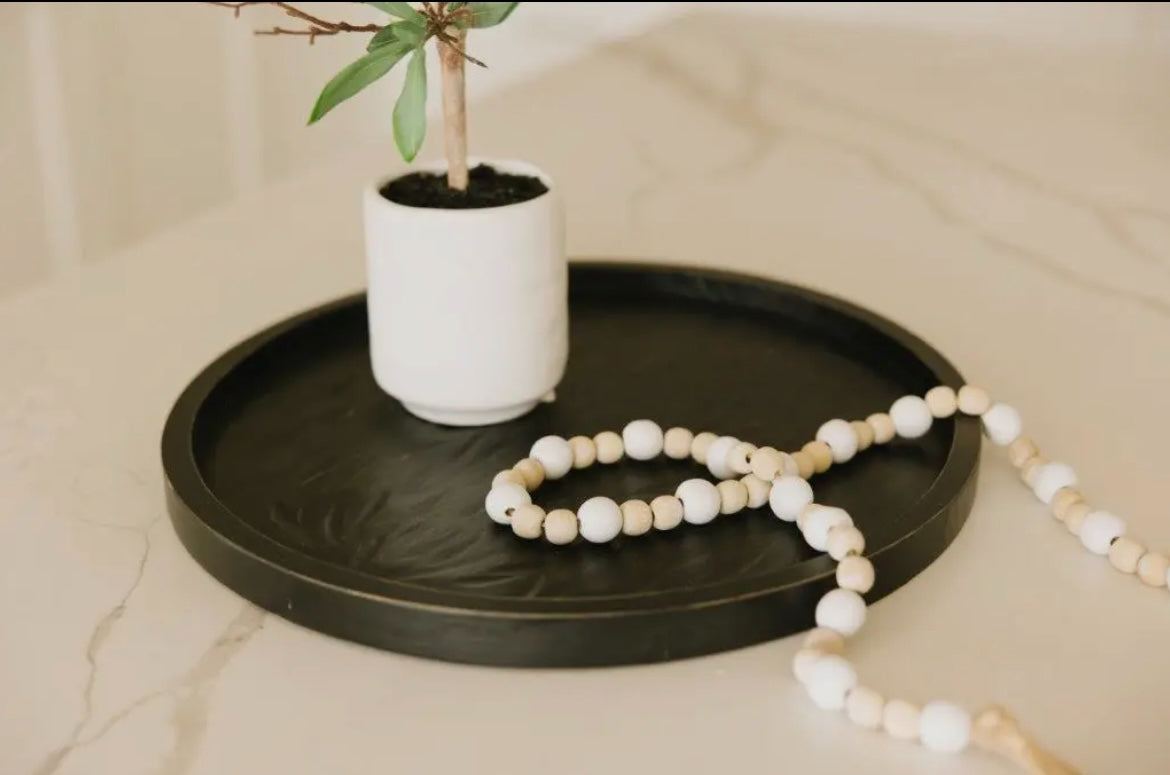 Round Wooden Tray - Distressed Black Finish with Carved Texture