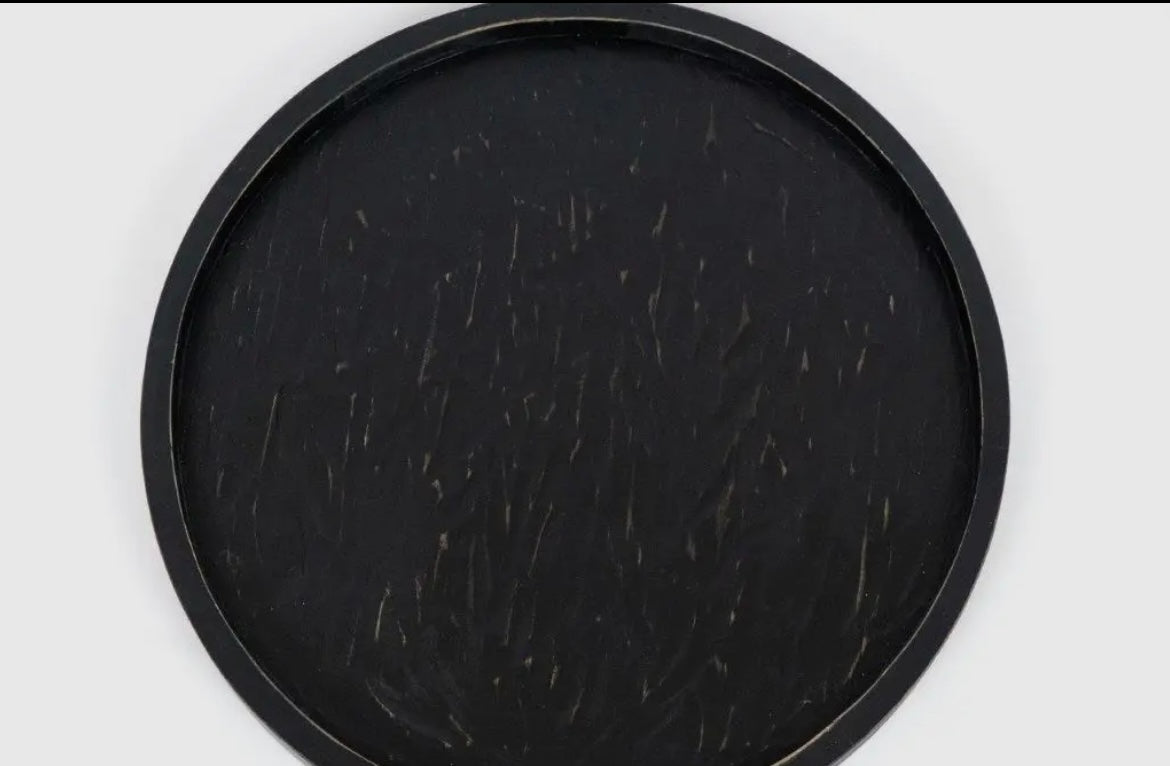 Round Wooden Tray - Distressed Black Finish with Carved Texture