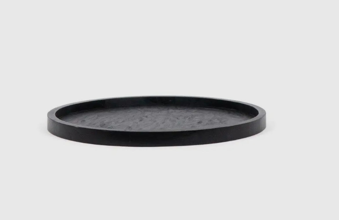 Round Wooden Tray - Distressed Black Finish with Carved Texture