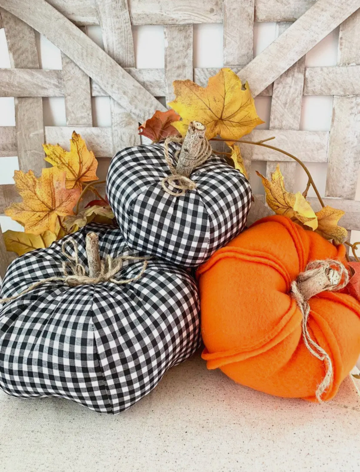 3-Piece Black Gingham & Orange Fabric Pumpkin Set – A Farmhouse Fall Delight