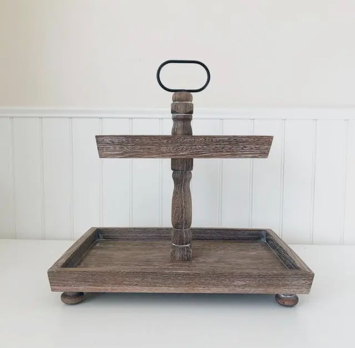 Rectangle Tiered Tray – Antique Wood Finish, 15.75" Base