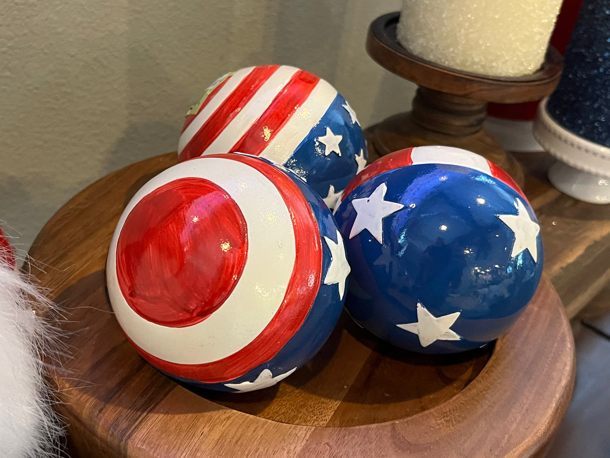 Decorative Patriotic Orb Set – Polystone Flag Balls Set of 3 Red, White & Blue Accents