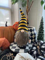Autumn Plush Gnome – Black & Gold Stripe Hat | Shelf Sitter with Heart-Tipped Whiskers