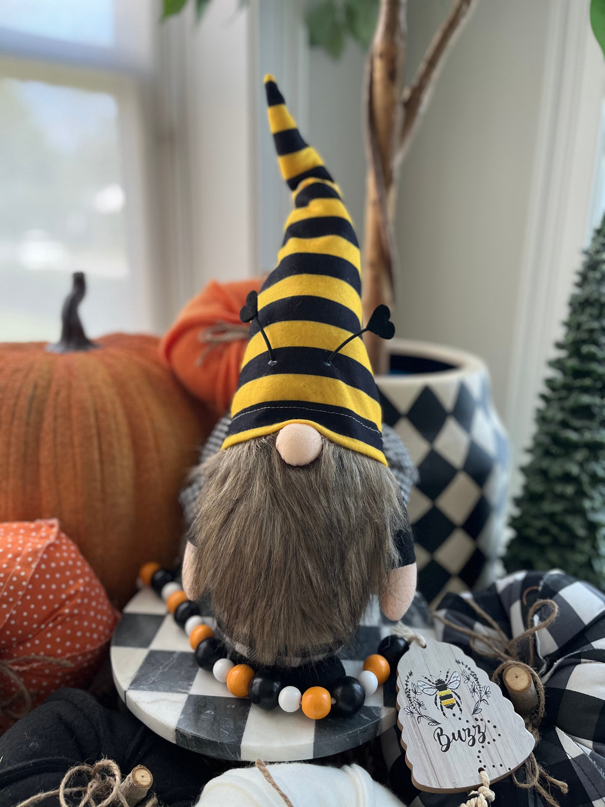 Autumn Plush Gnome – Black & Gold Stripe Hat | Shelf Sitter with Heart-Tipped Whiskers