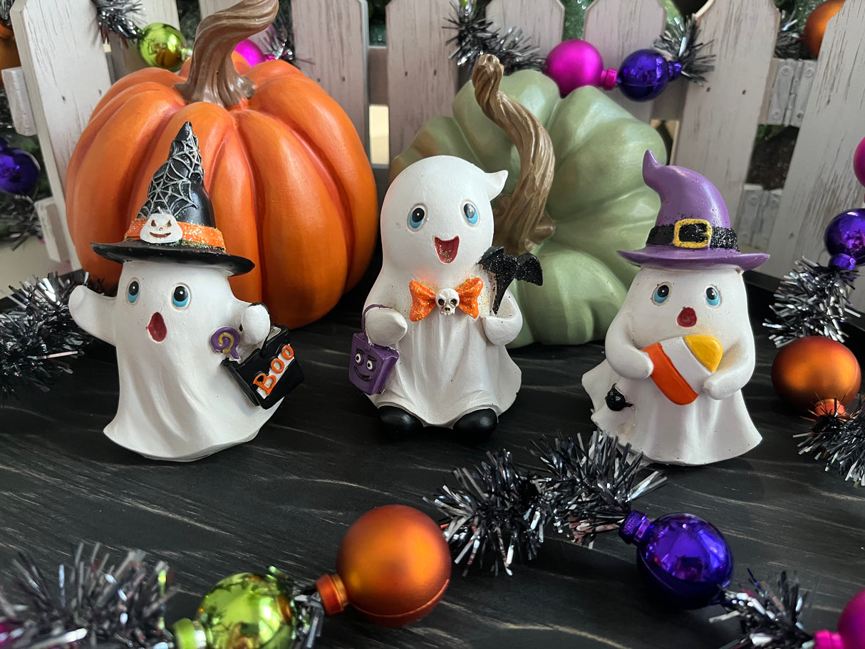 Mini Trick-or-Treat Ghost Set – Resin Halloween Figurine Accent Trio