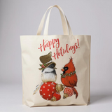 Holiday Perch Tote – Chickadee & Cardinal Cheer Reusable Cotton Canvas Grocery Bag Eco-Friendly Farmhouse Tote