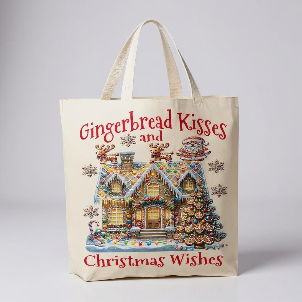 Christmas Gingerbread Kisses House Canvas Tote Bag